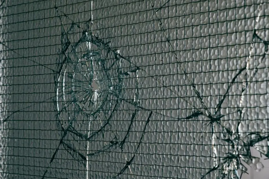 Close-up view of a shattered safety glass window with intricate wire patterns and light reflections.